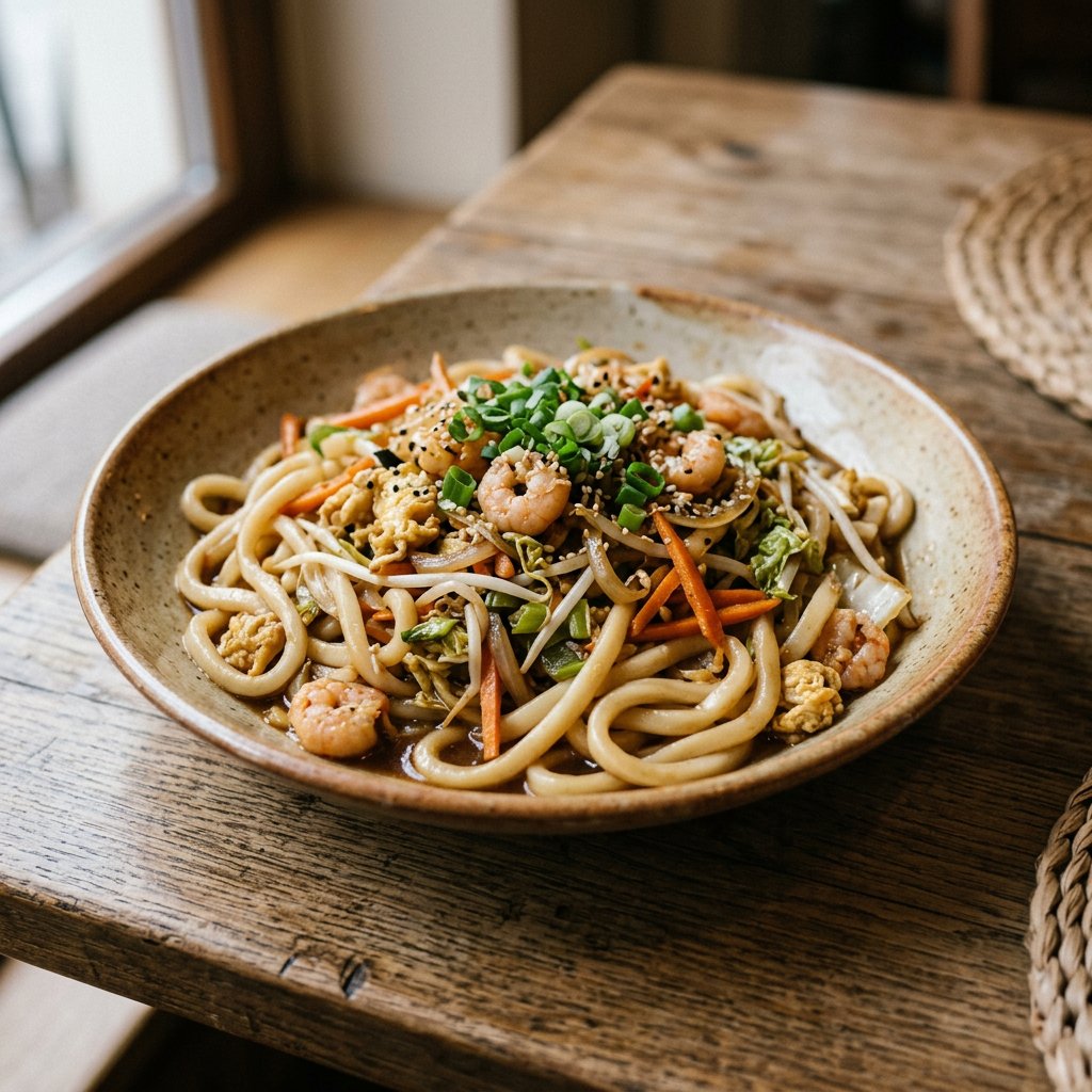 Gebratene Udon-Nudeln mit Krabben