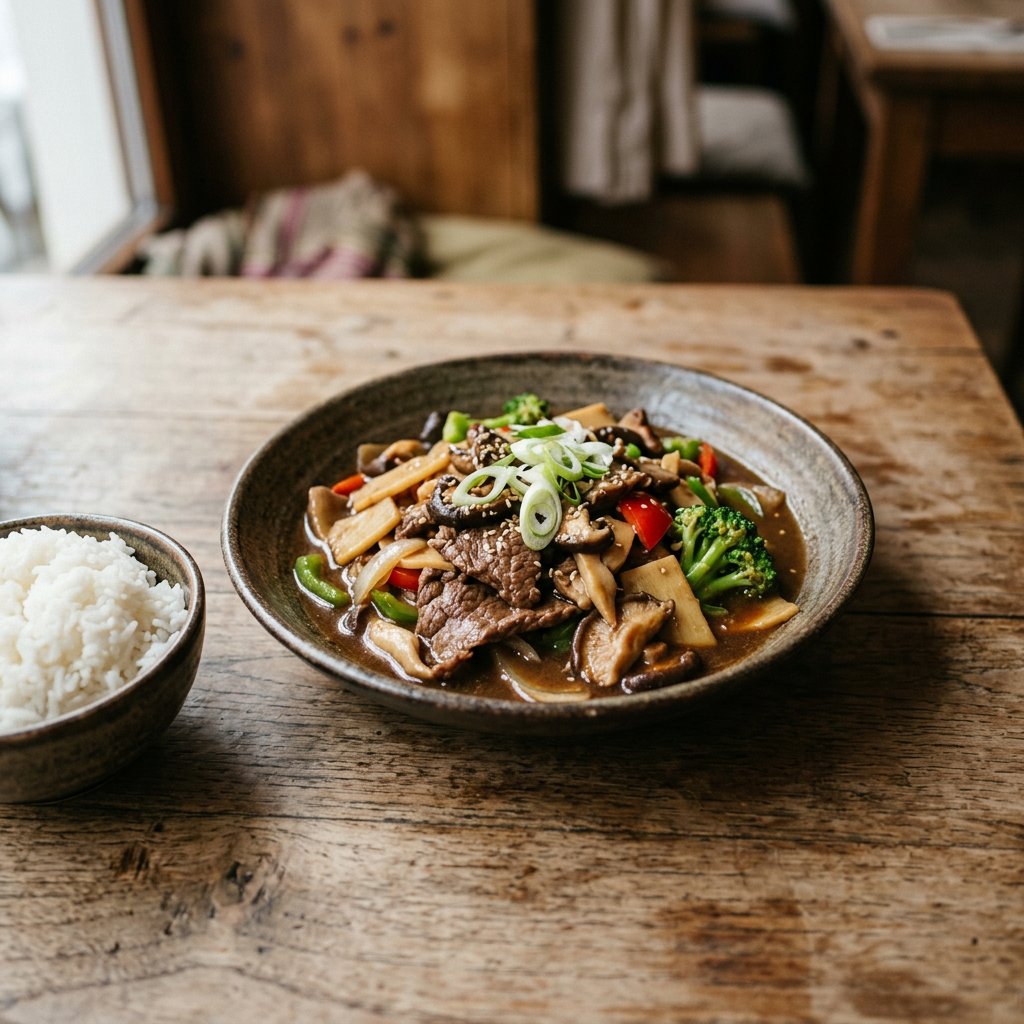 Rindfleisch mit Pilzen, Bambus und Broccoli
