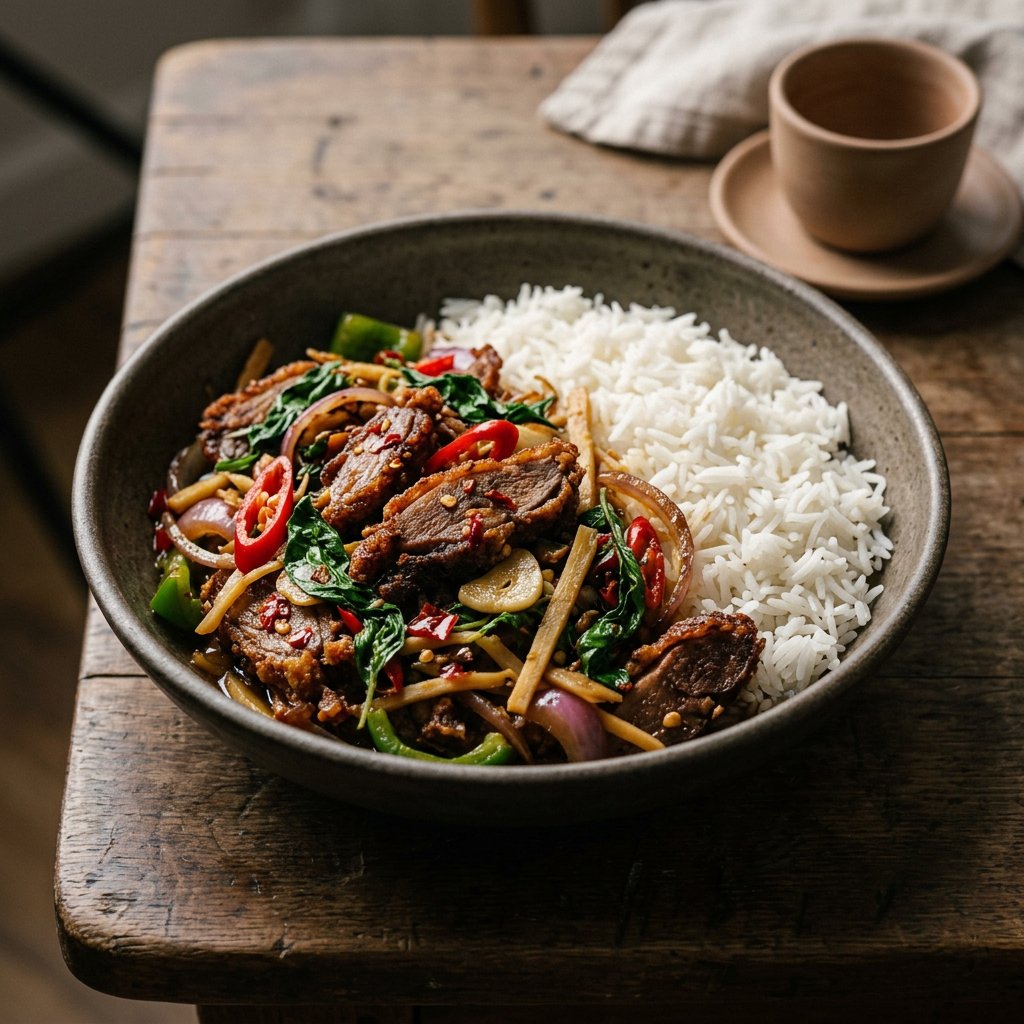 Phad Kraphao mit knuspriger Ente