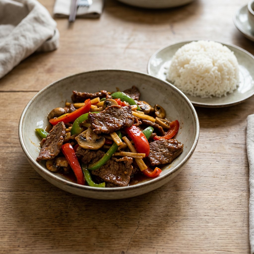 Rindfleisch mit Paprika, Champignons und Bambus