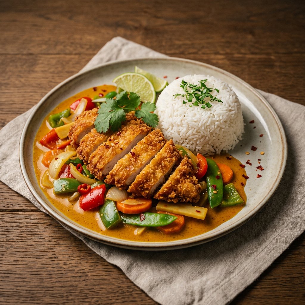 Knusprige Hähnchenbrust in Currysoße