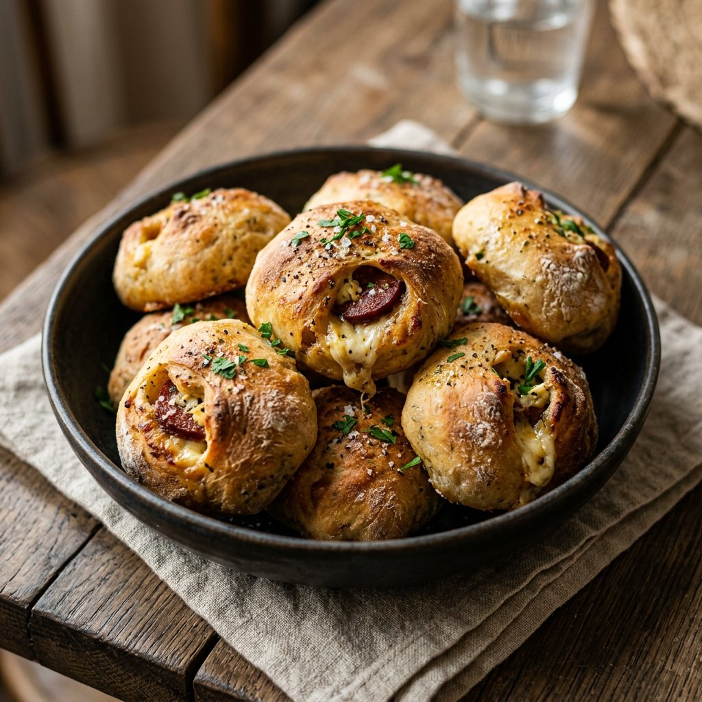 Gefüllte Pizzabrötchen mit Sucuk, Schafskäse