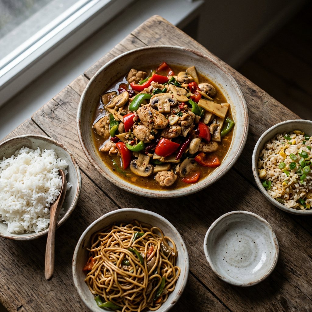 Hühnerfleisch mit Paprika, Champignons und Bambus