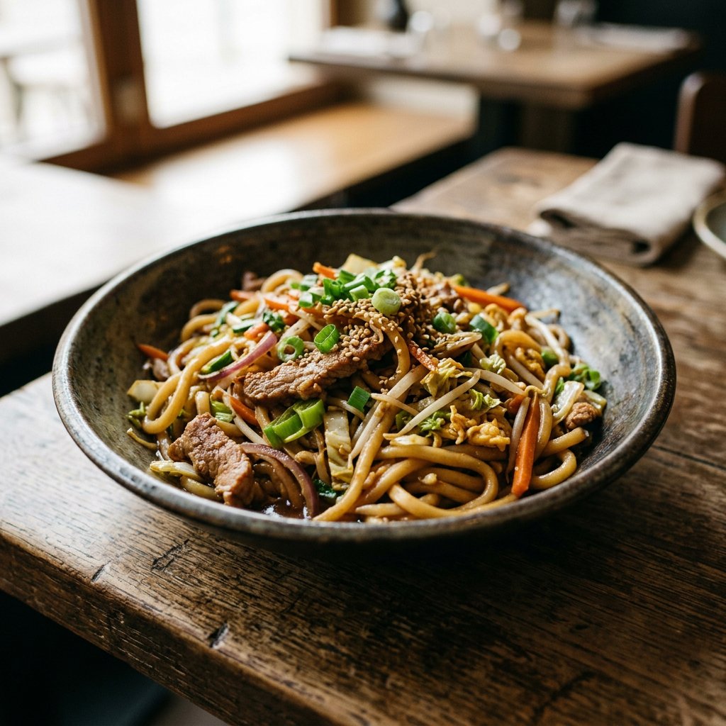 Gebratene Udon-Nudeln mit Schweinefleisch