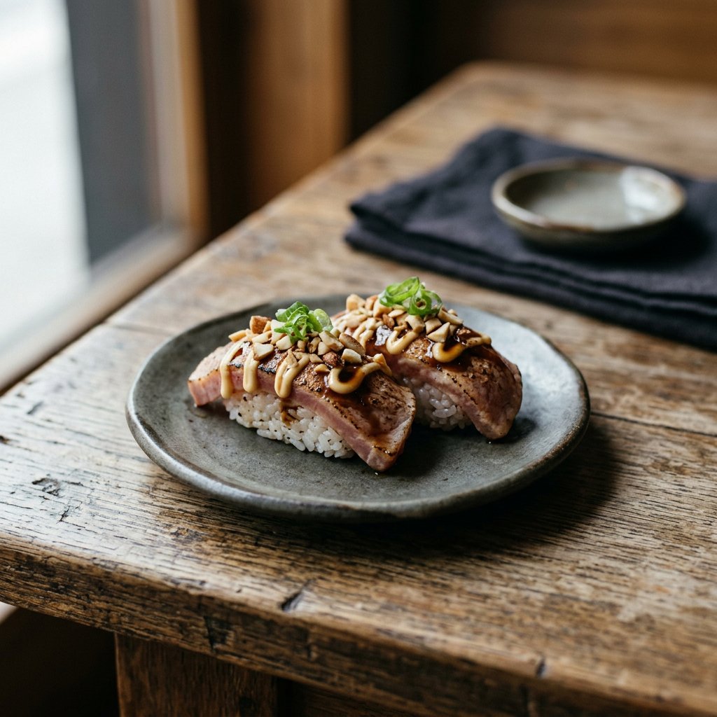 108.  Maguro Aburi Sushi 2 Stück · 炙烤金枪鱼杏仁手握
