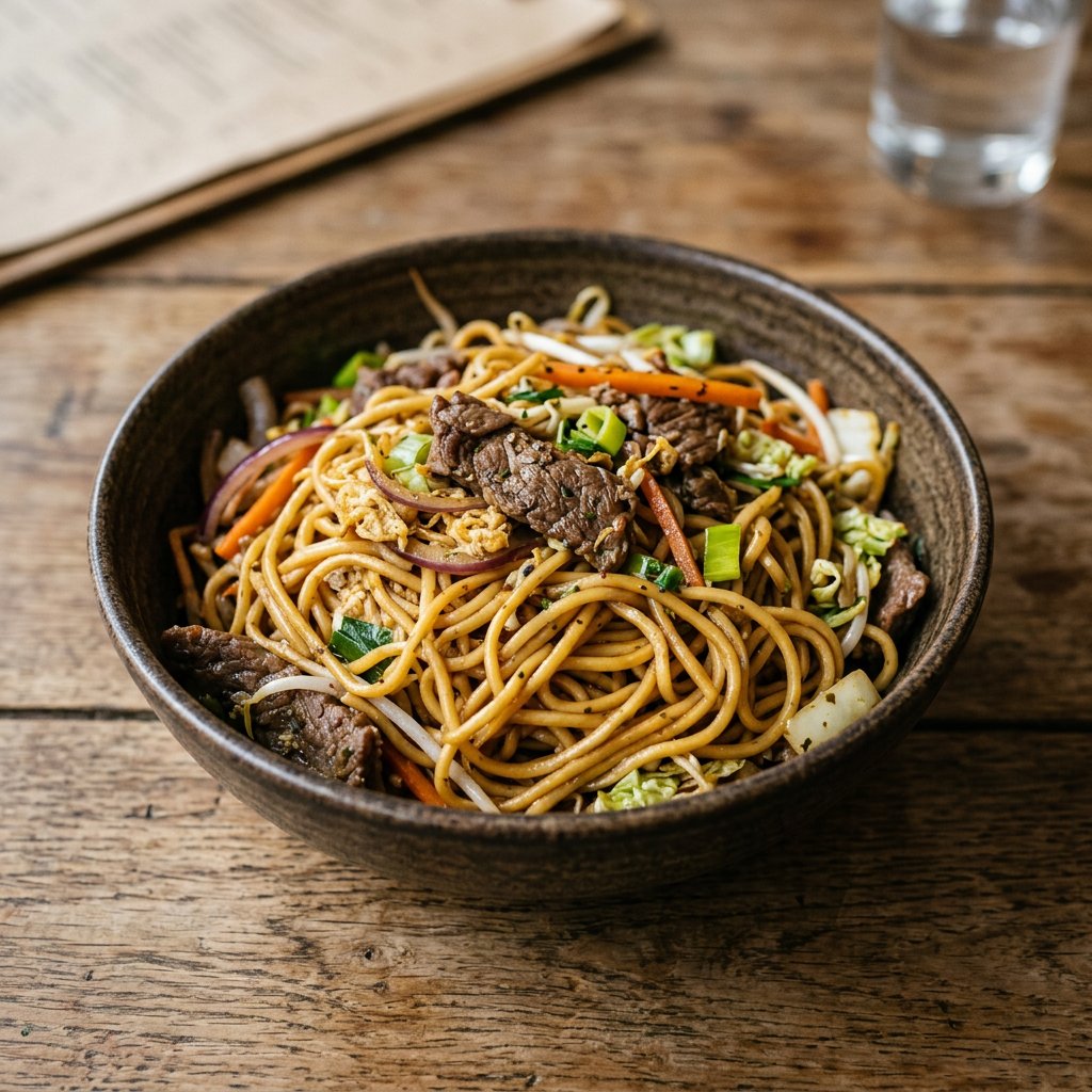 Gebratene Nudeln mit Rindfleisch
