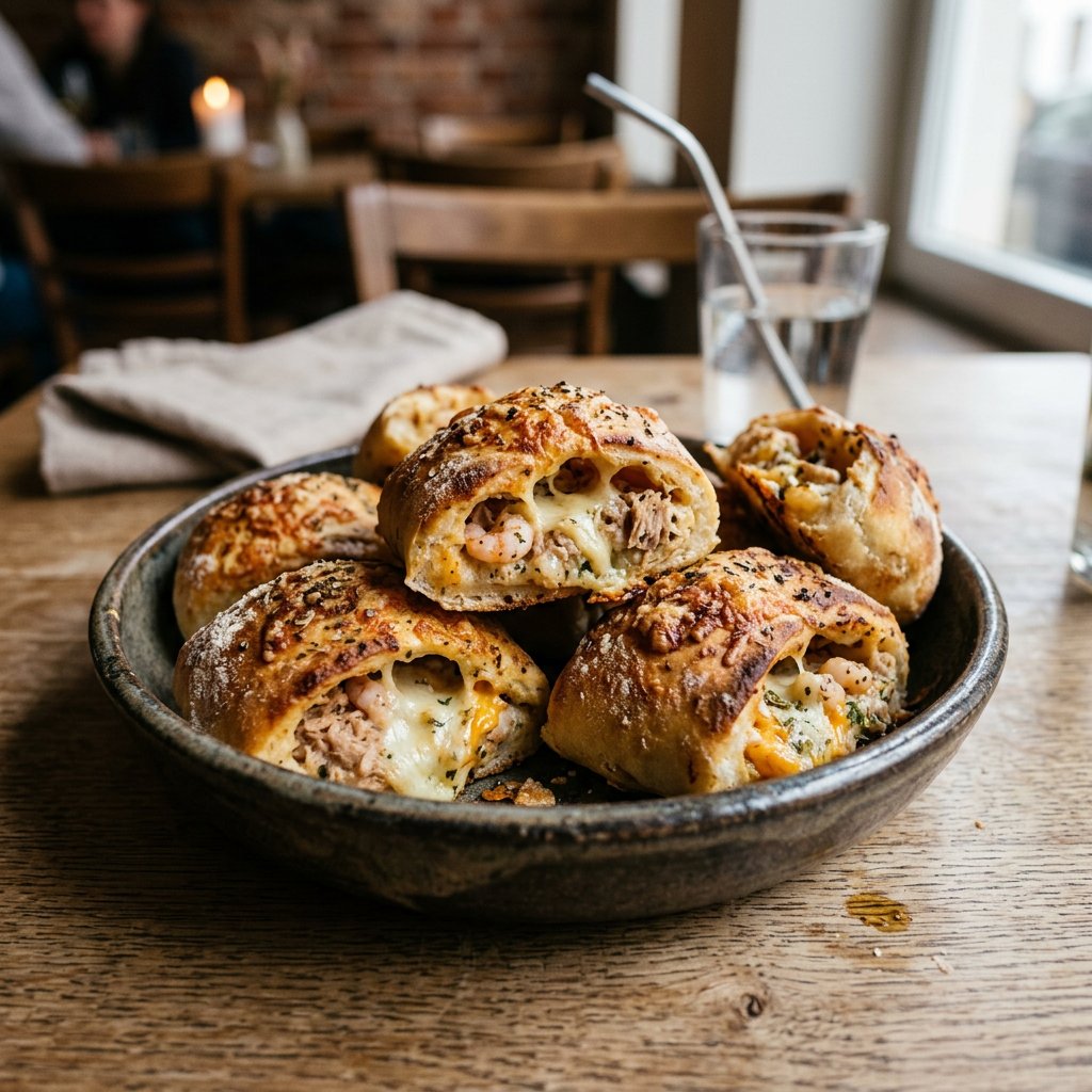 Gefüllte Pizzabrötchen mit Thunfisch, Krabben