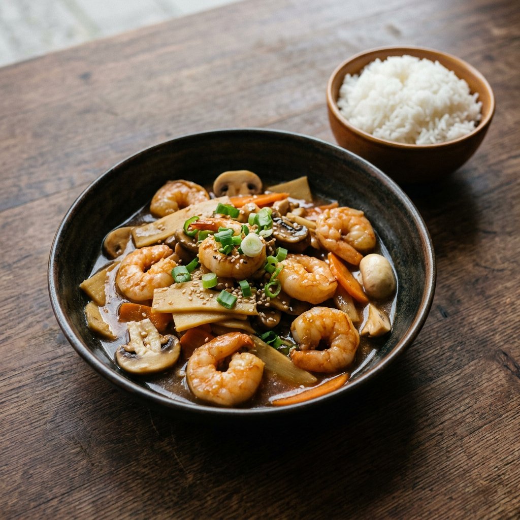 Garnelen mit Pilzen, Bambus, Champignons und Möhren