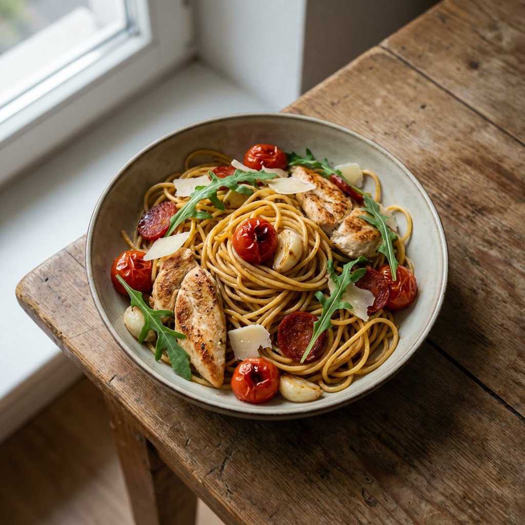 Gebratene Spaghetti Hähnchenfilet
