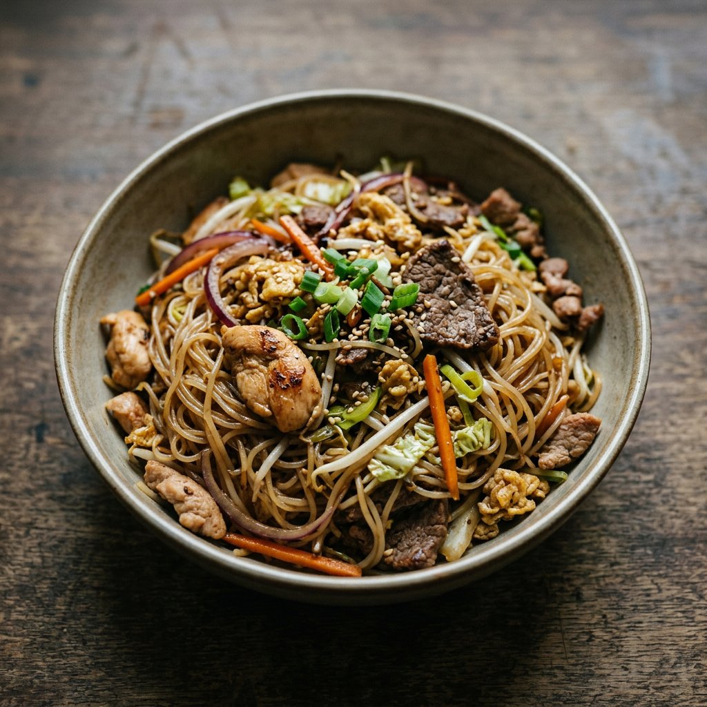 Gebratene Reisnudeln mit 3 Sorten Fleisch