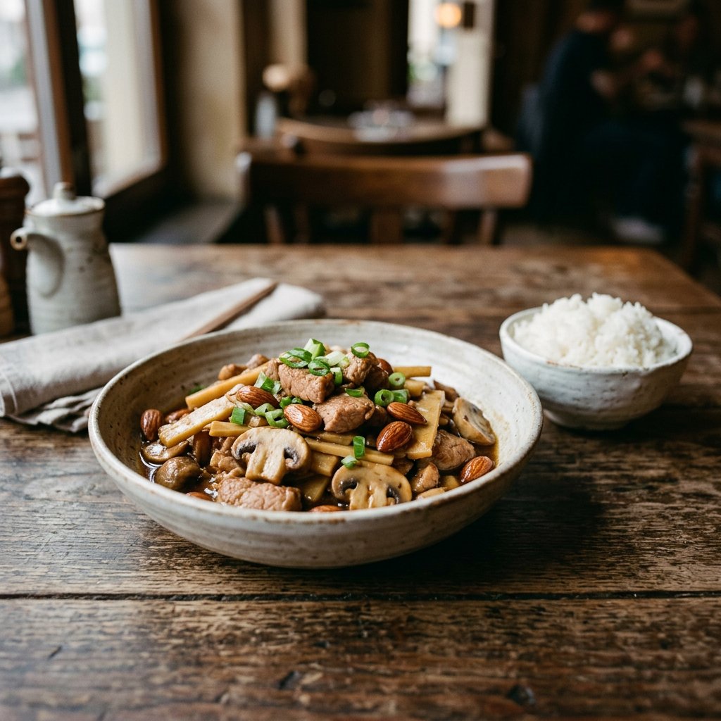 Schweinefleisch mit Bambus, Champignons und Mandeln