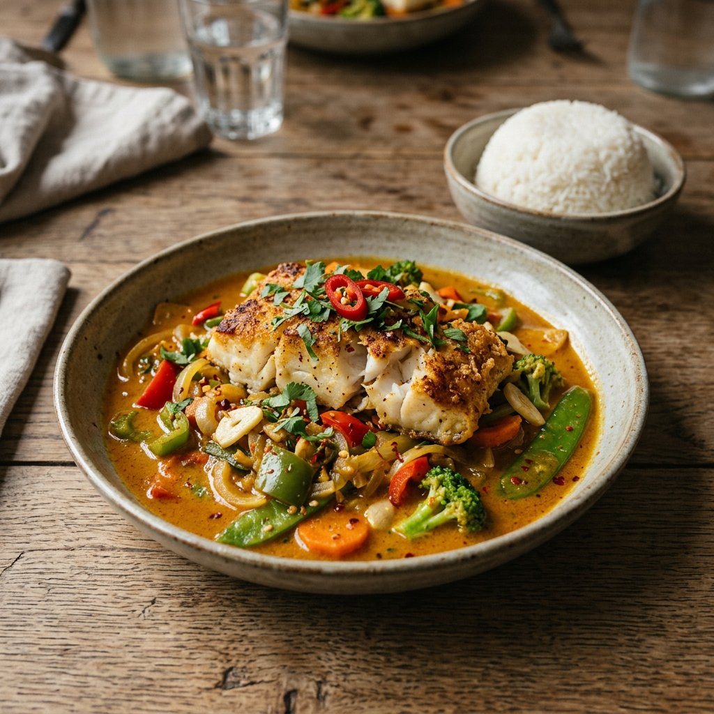 Gebackener Fisch in Currysoße