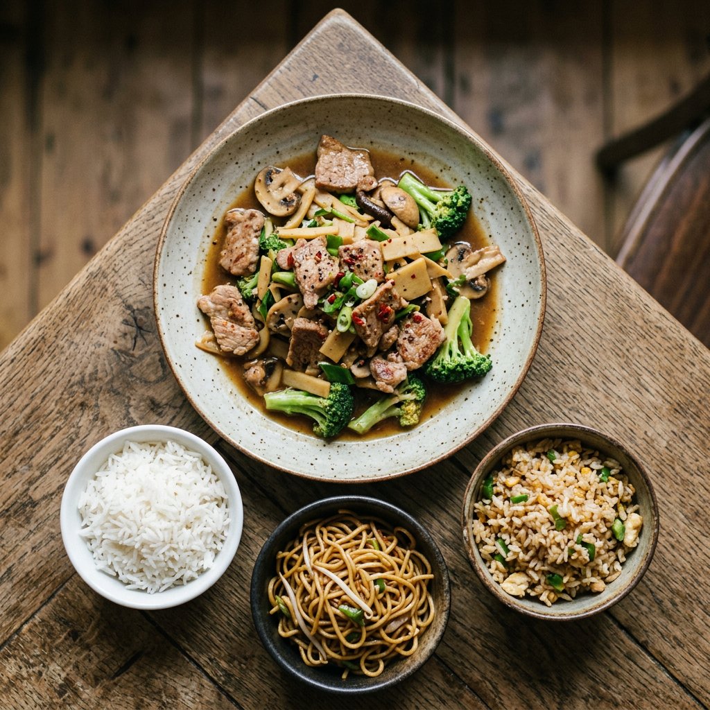 Schweinefleisch mit Pilzen, Bambus und Broccoli