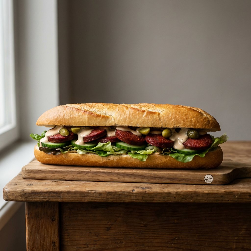 Baguette mit Sucuk, Salat und Gewürzgurken