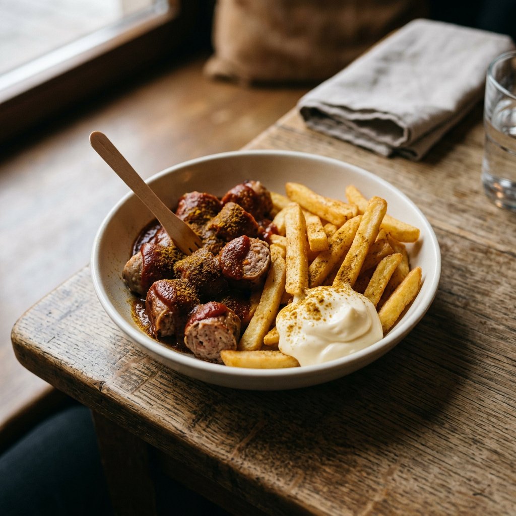 Currywurst mit Pommes und Mayo