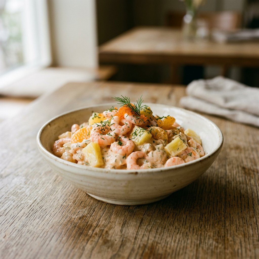 Krabbensalat mit Krabben, Ananas, Mandarinen, in Cocktailsauce
