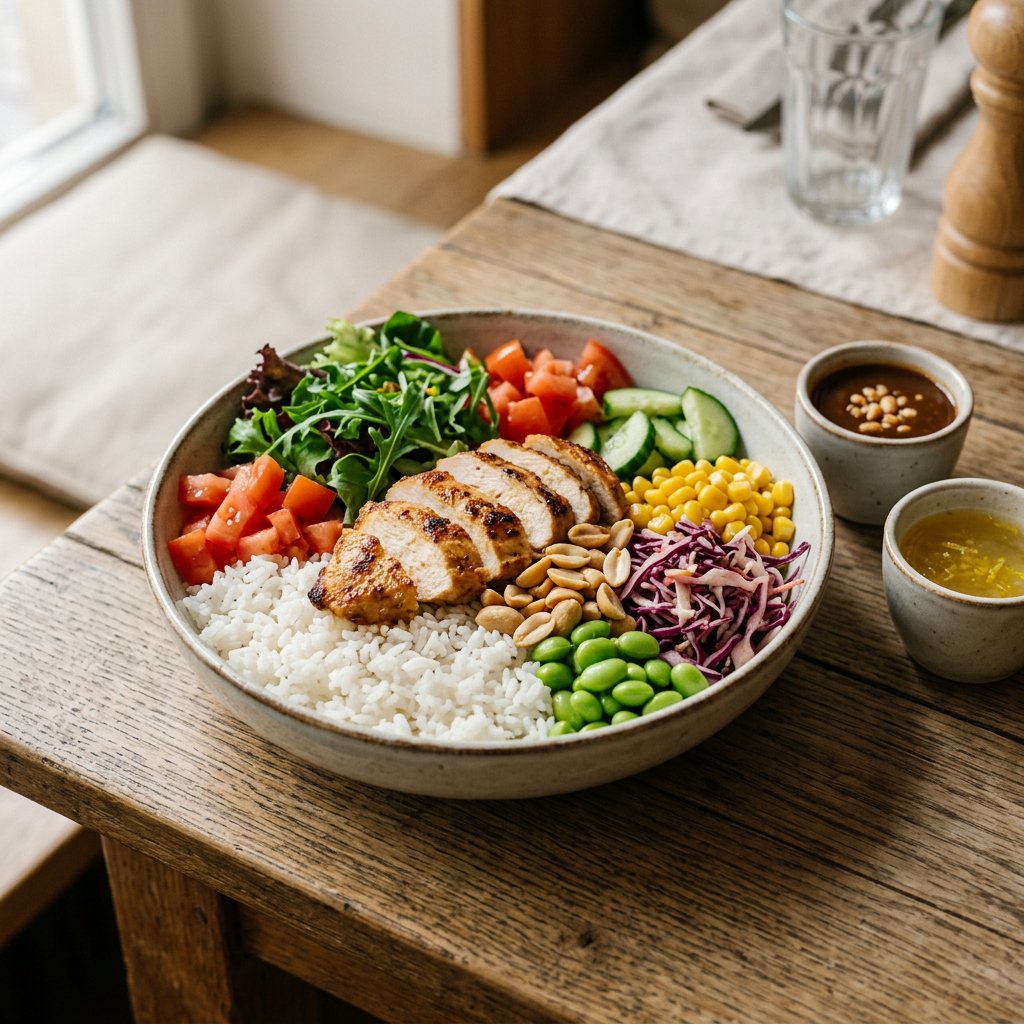 Reisbowl mit gebratenem Hähnchen
