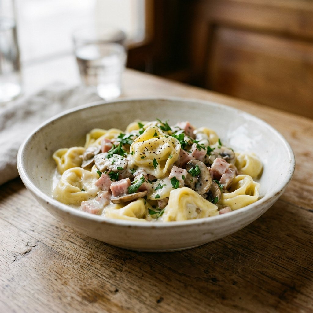 Tortellini Siziliana mit Sahnesauce, Schinken und Champignons