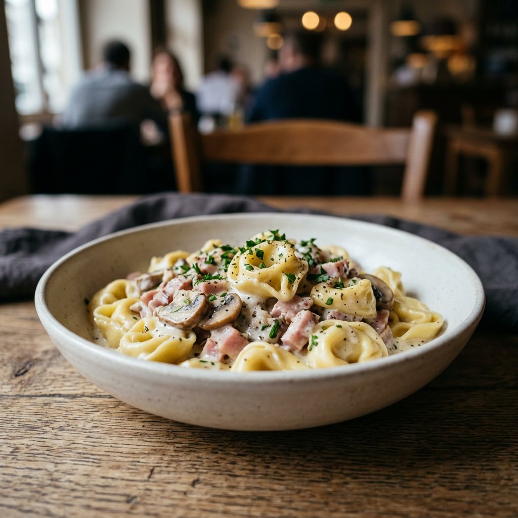 Tortellini Siziliana mit Sahnesauce, Schinken und Champignons