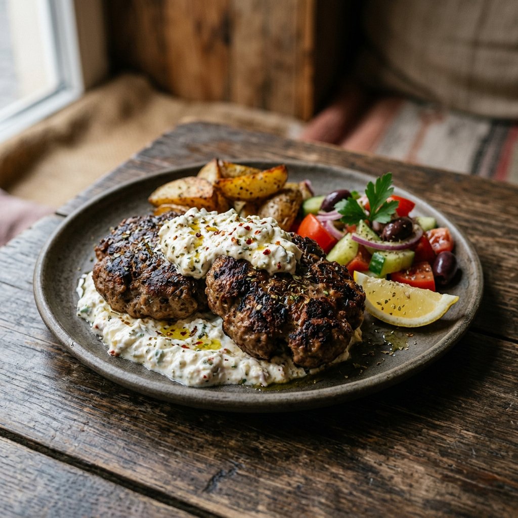 Bifteki mit pikanter Fetacreme