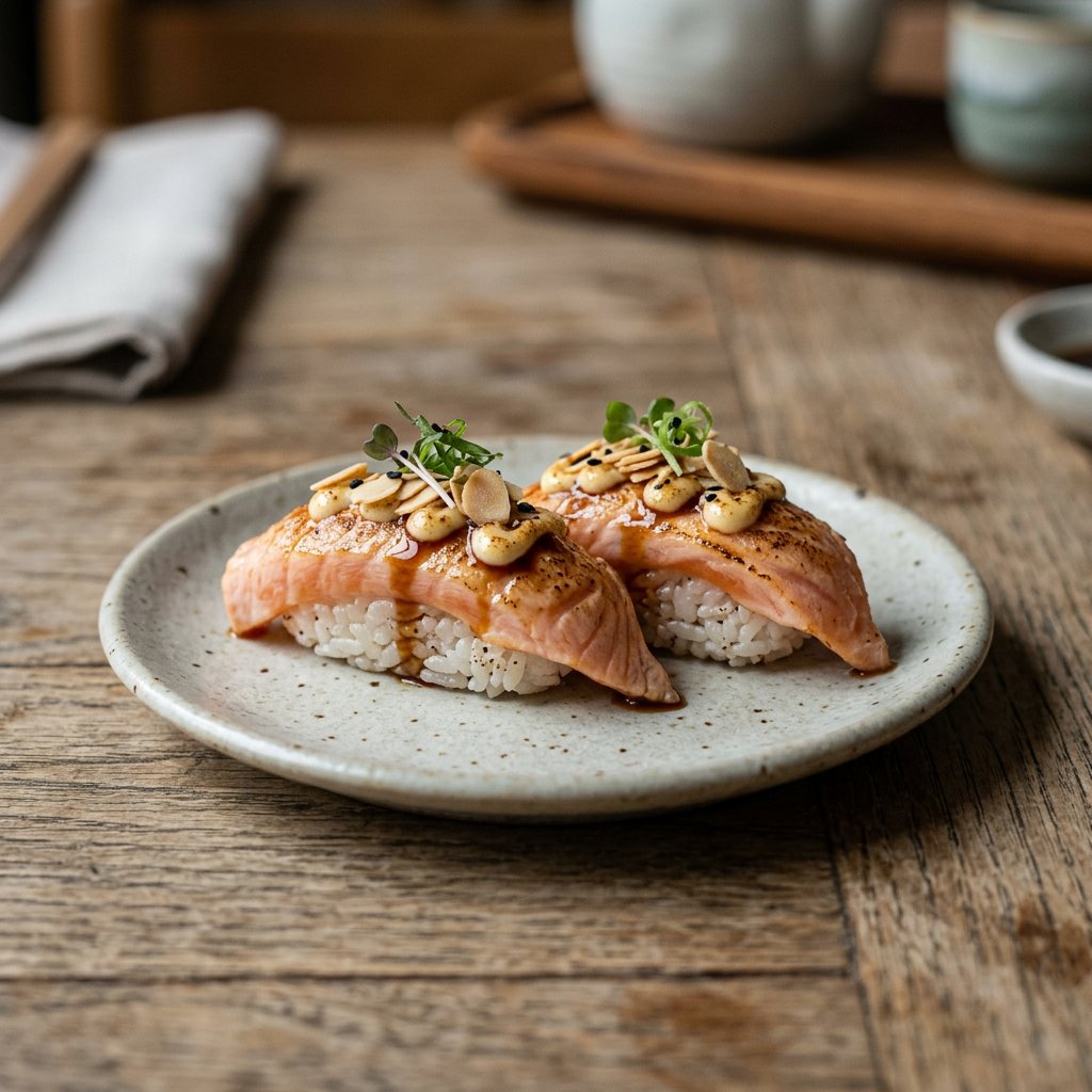 107.  Sake Aburi Sushi 2 Stück · 炙烤奶香三文鱼手握