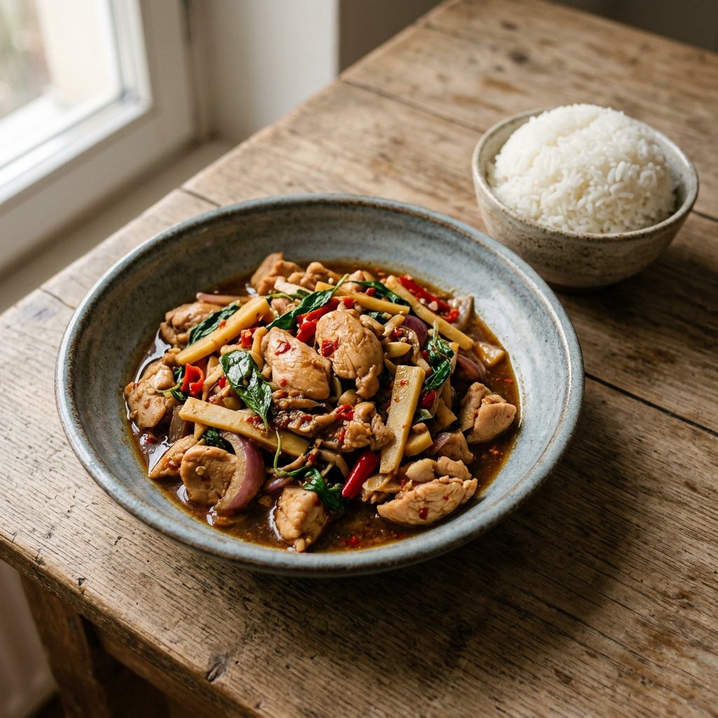 Phad Kraphao mit Reis