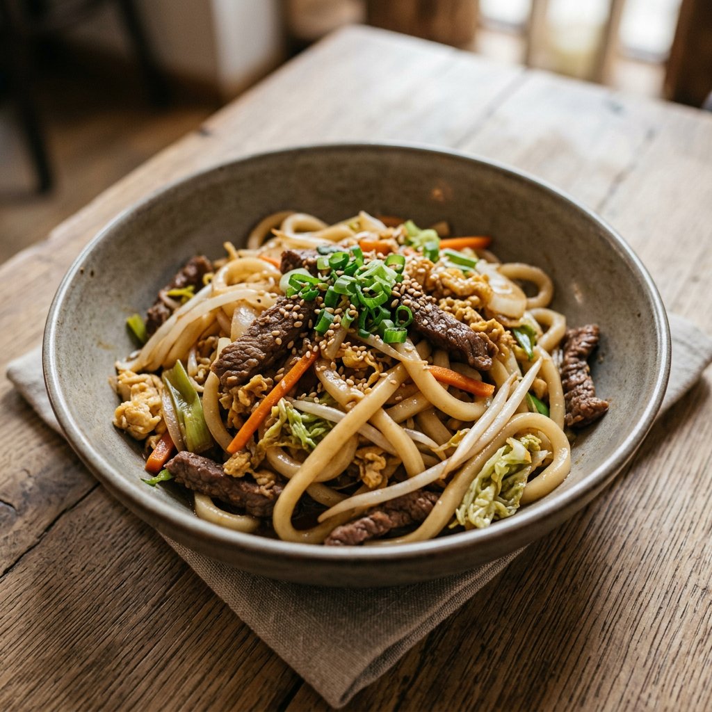 Gebratene Udon-Nudeln mit Rindfleisch