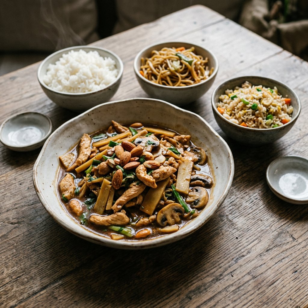 Hühnerfleisch mit Bambus, Champignons und Mandeln