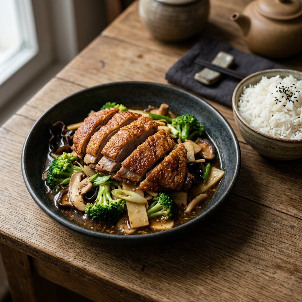 Knusprige Ente mit Pilzen, Bambus und Broccoli