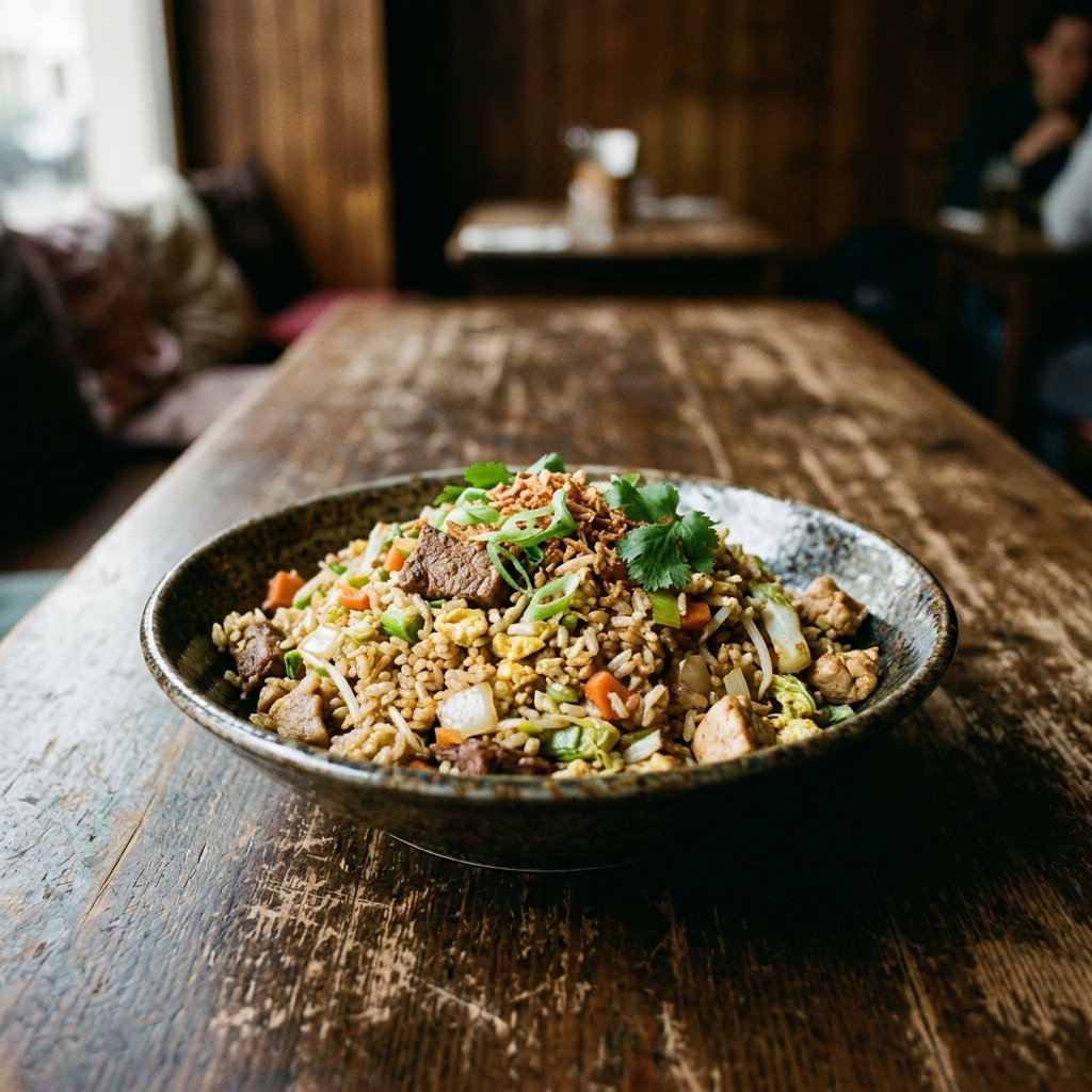 Gebratener Reis mit Rind, Schwein und Hühnerfleisch