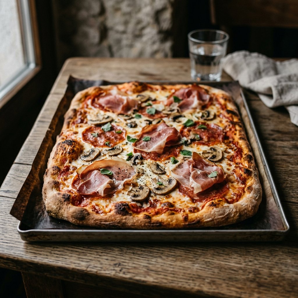 Pizza Blech Prosciutto, Salami,Champignons