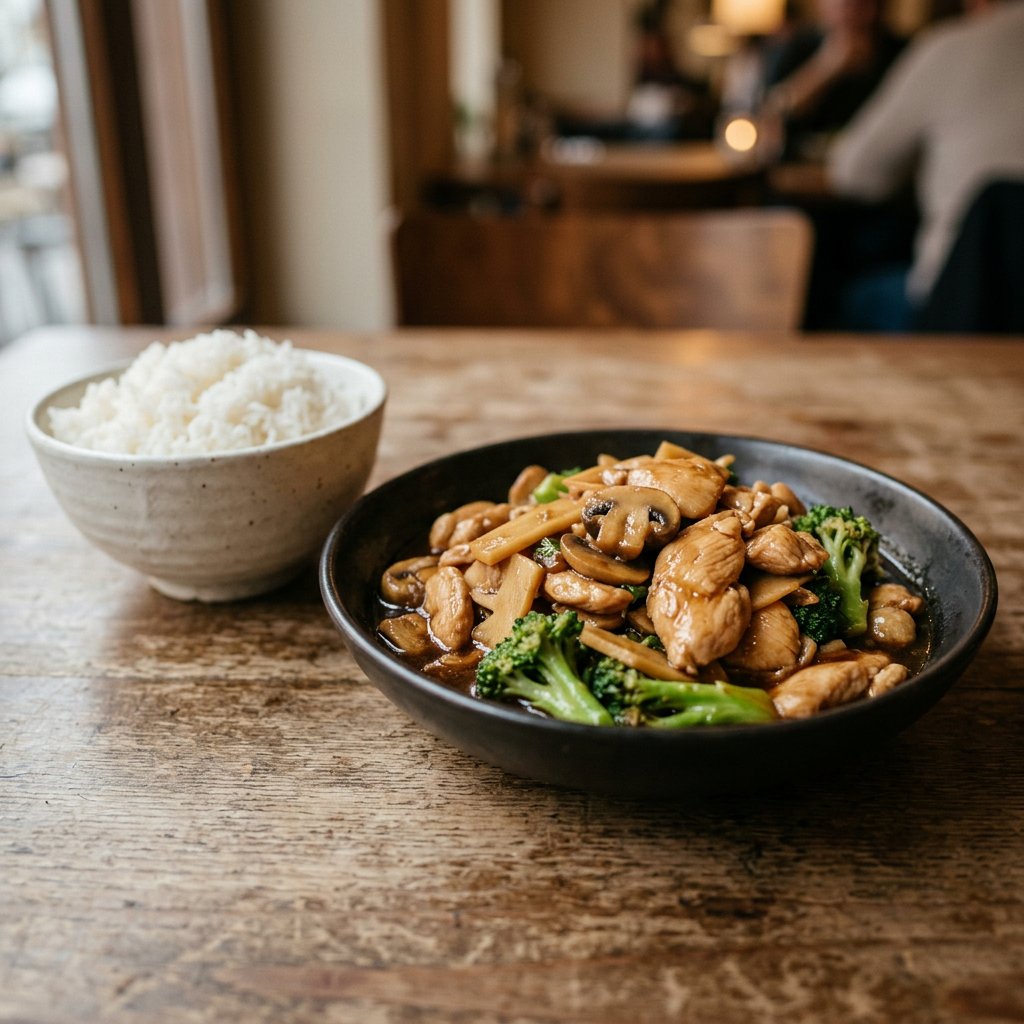 Hühnerfleisch mit Champignons, Bambus und Broccoli