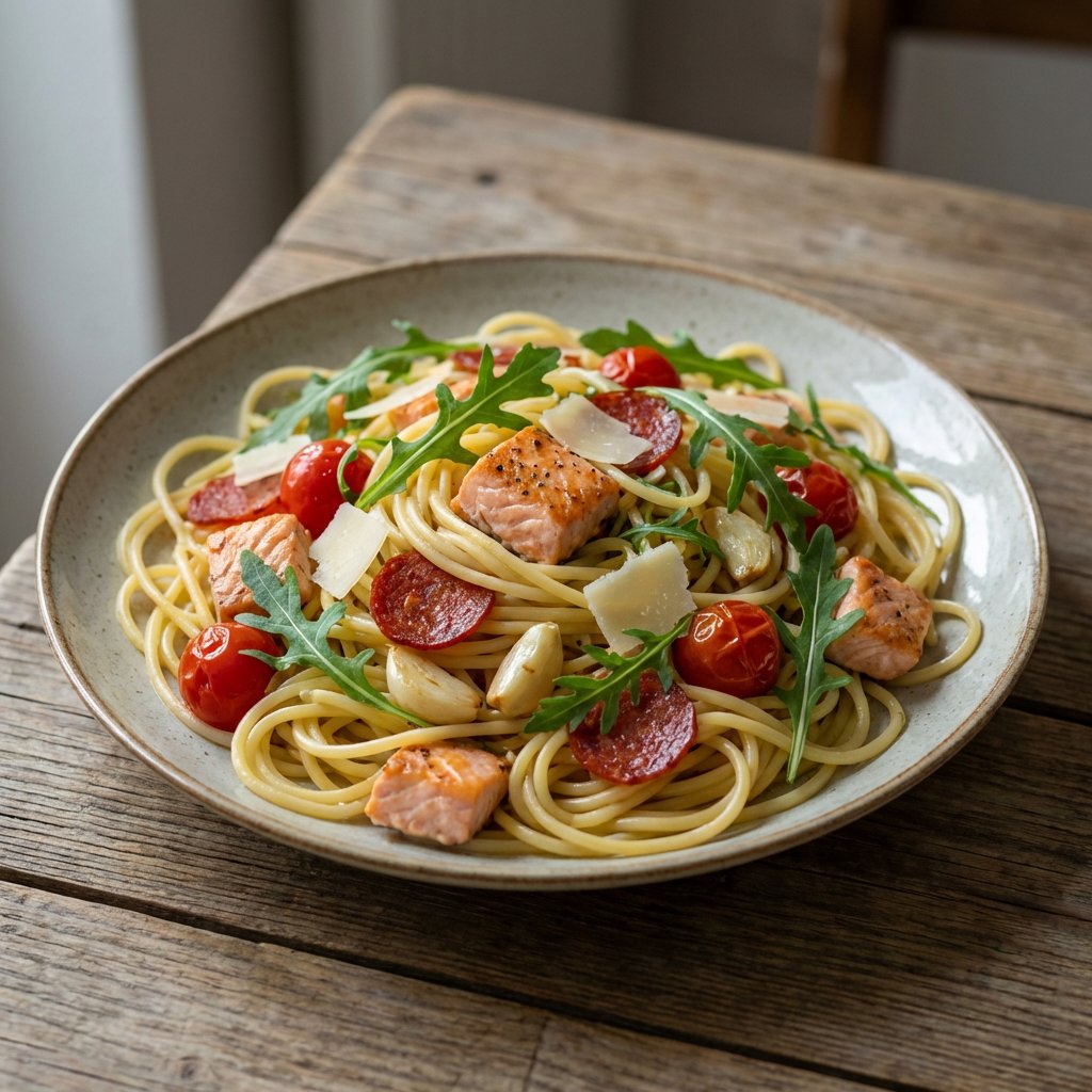 Gebratene Spaghetti Lachs