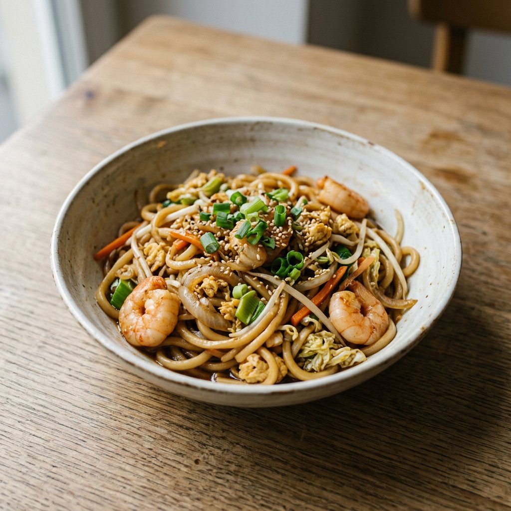 Gebratene Udon-Nudeln mit Garnelen