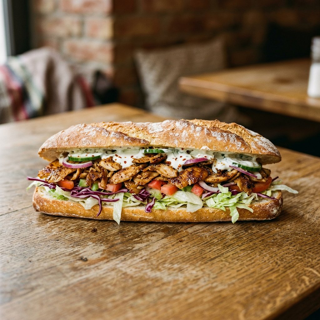 Baguette mit Hähnchen-Drehspießfleisch