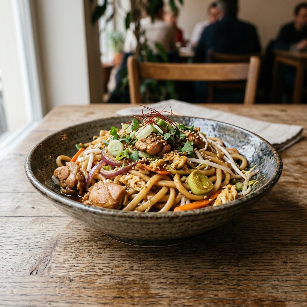 Gebratene Udon-Nudeln mit Hühnerfleisch