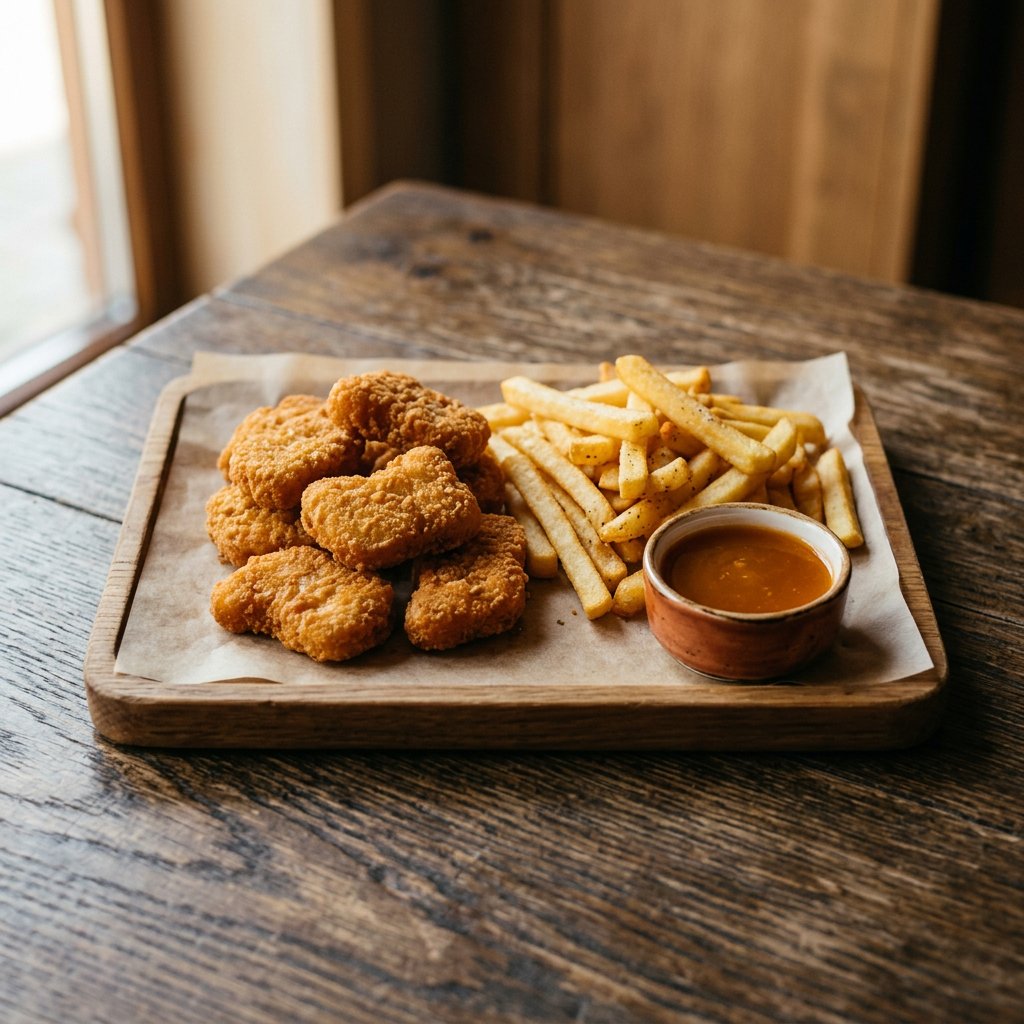 Chicken Nuggets (6 Stück) mit Pommes frites und Süß-Sauer-Sauce