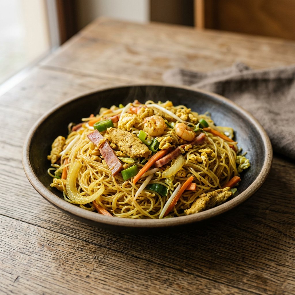 Gebratene Reisnudeln mit Hühnerfleisch, Schinken, Krabben und Curry