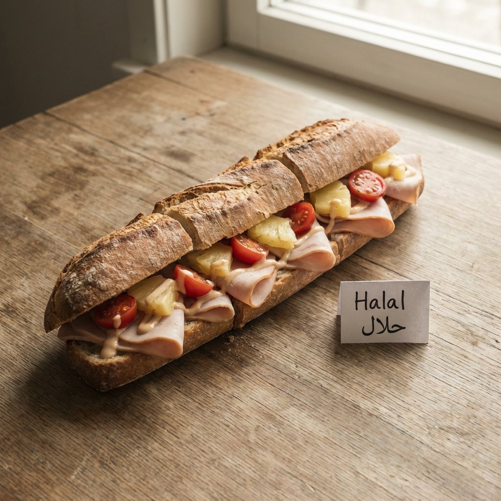 Baguette mit Schinken, Ananas und Tomaten