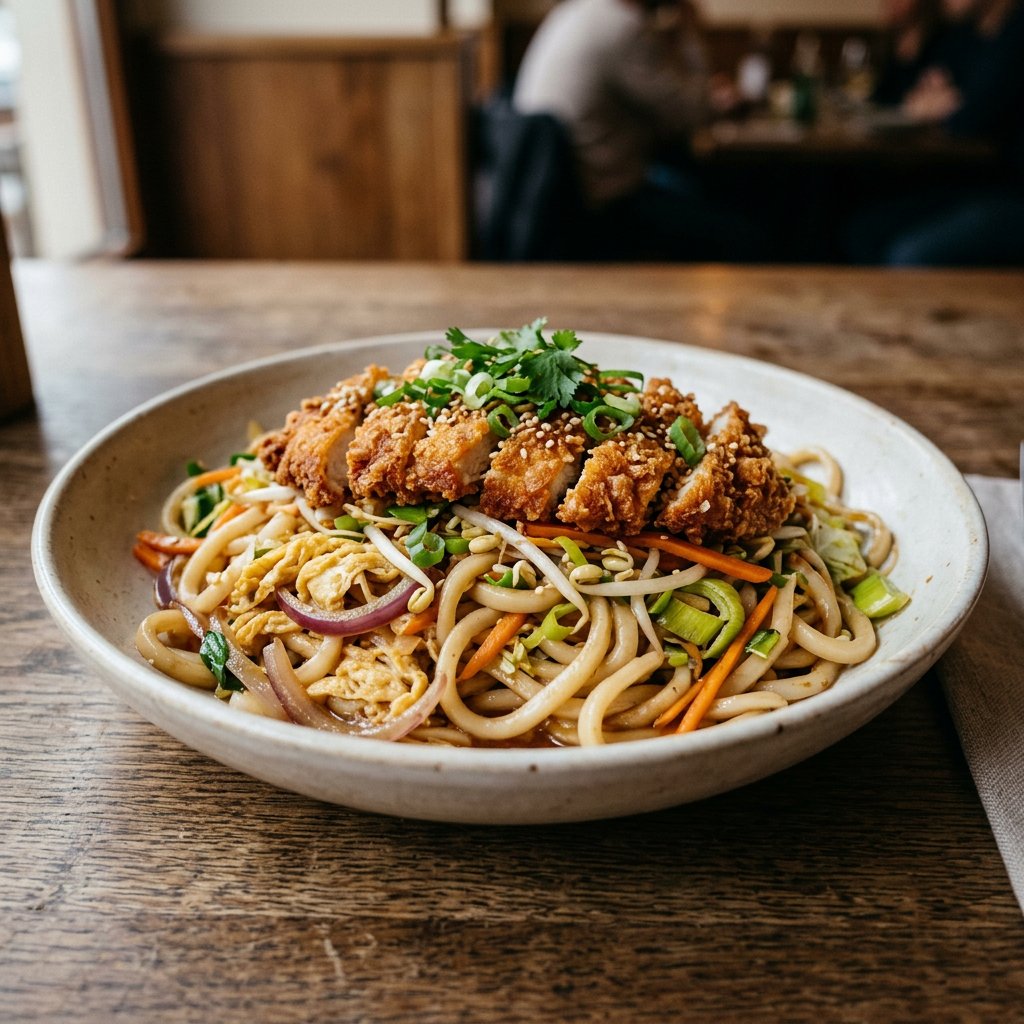 Gebratene Udon-Nudeln mit knuspriger Hühnerbrust