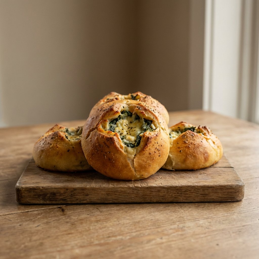 Gefüllte Pizzabrötchen mit Spinat und Schafskäse