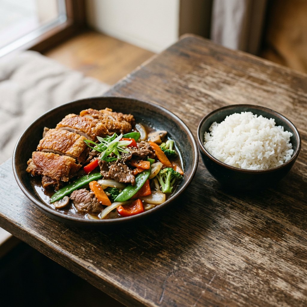 Knusprige Ente mit Rindfleisch und Gemüse