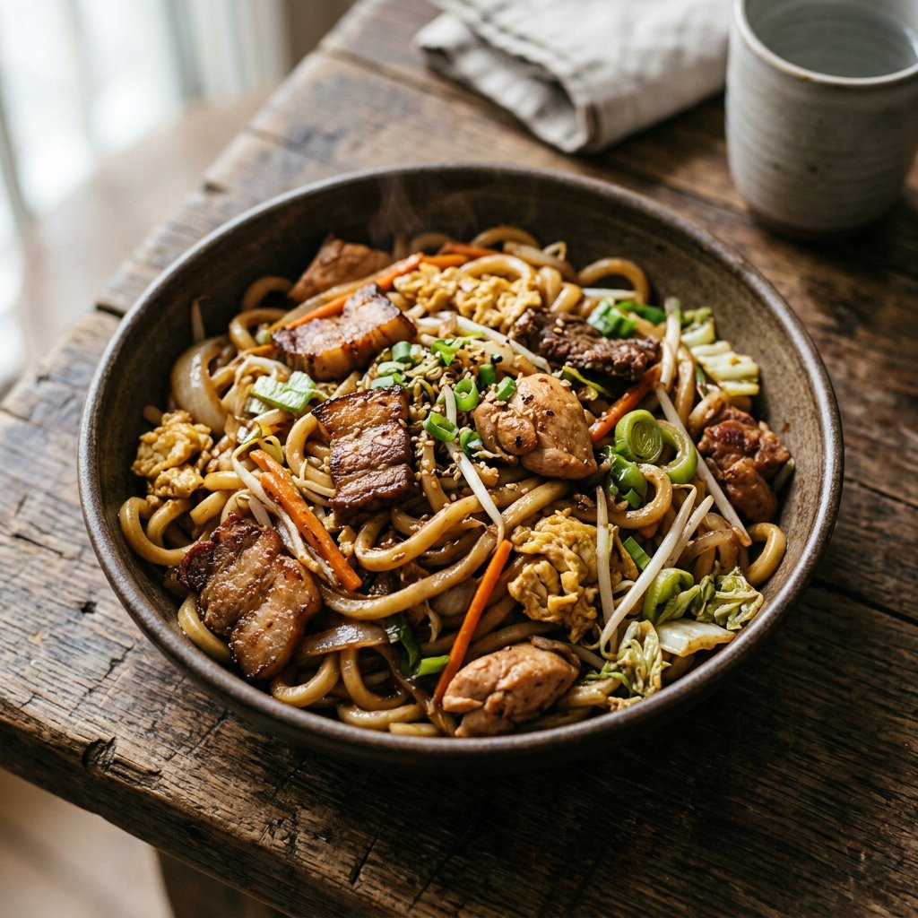 Gebratene Udon-Nudeln mit 3 Sorten Fleisch