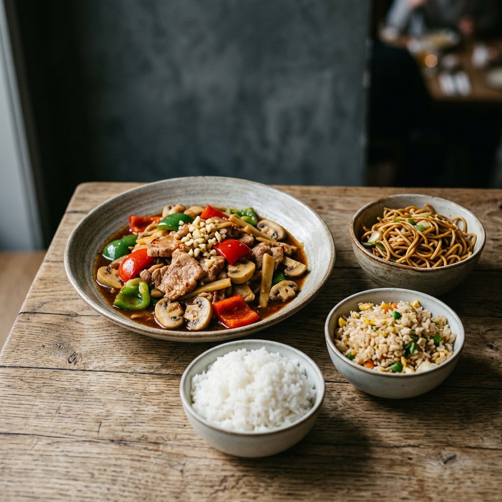 Schweinefleisch mit Paprika, Champignons und Bambus