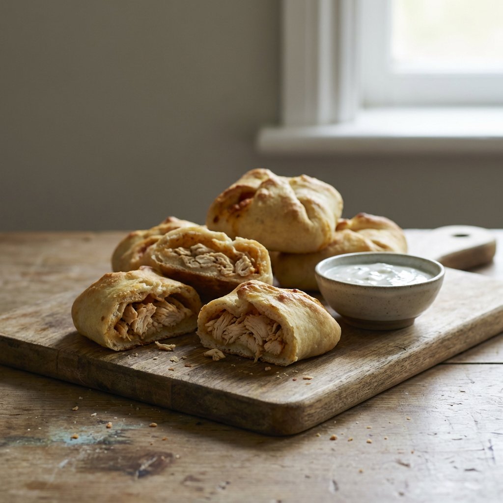 Pizzabrötchen gefüllt mit Hähnchenfleisch-Drehspieß