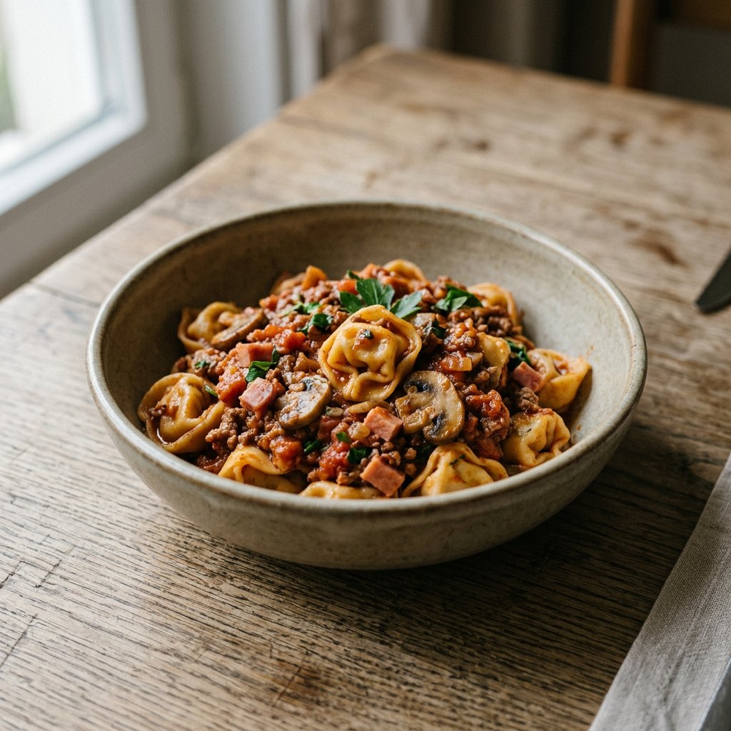 Tortellini Siziliana mit Fleischsauce, Schinken und Champignons