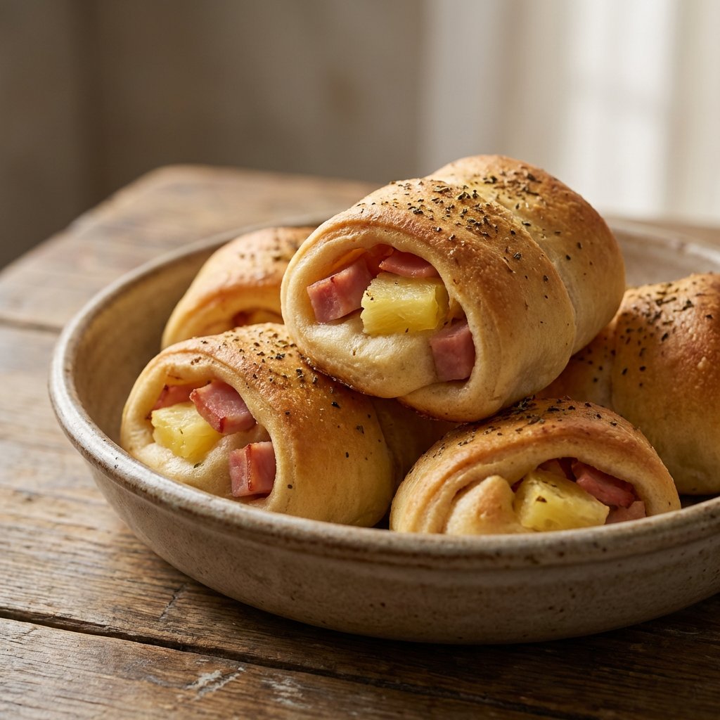 Gefüllte Pizzabrötchen mit Formfleischvorderschinken und Ananas
