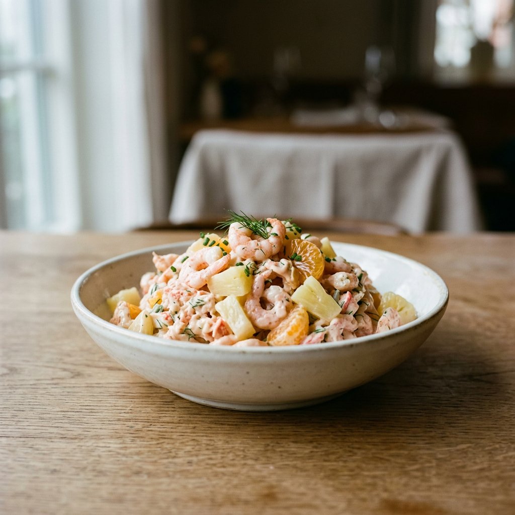 Krabbensalat mit Krabben, Ananas, Mandarinen, in Cocktailsauce