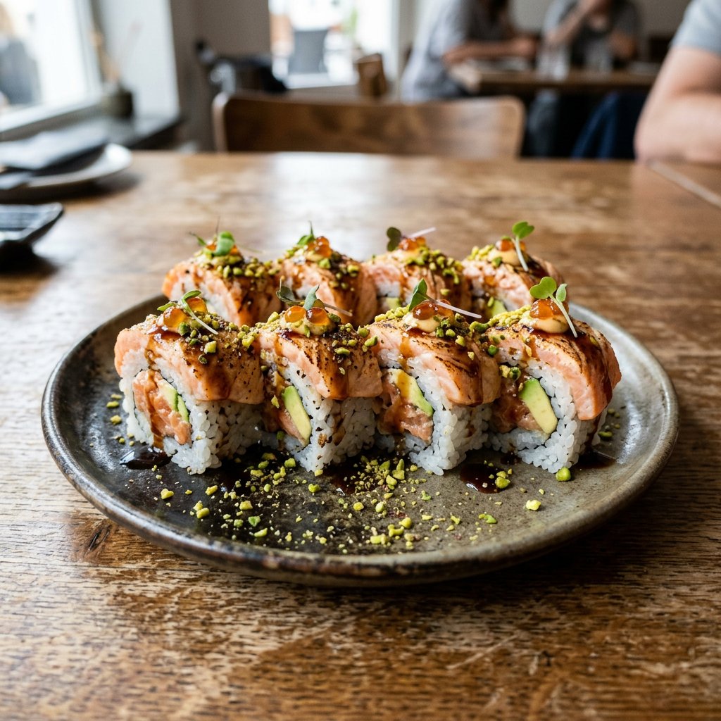 128.  Flambé Rolls · 炙烤三文鱼麒麟反卷