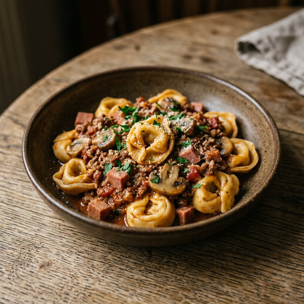 Tortellini Siziliana mit Fleischsauce, Schinken und Champignons